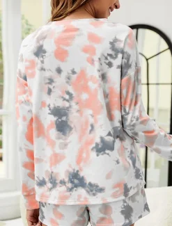 Discount Women's Loungewear Pajama Set 2 Pieces Tie Dye Casual Comfort Home Comfort Crew Neck Long Sleeve Pullover Shorts Spring Fall Home Outfits Women Pajama-Setter