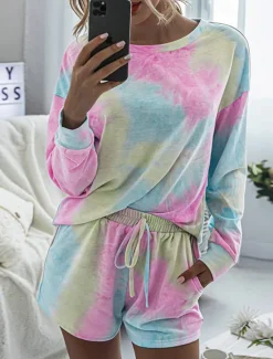 Discount Women's Loungewear Pajama Set 2 Pieces Tie Dye Casual Comfort Home Comfort Crew Neck Long Sleeve Pullover Shorts Spring Fall Home Outfits Women Pajama-Setter