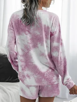 Online Women's Loungewear Pajama Set 2 Pieces Tie Dye Casual Comfort Home Crew Neck Pink Blue Home Outfits Women Pajama-Setter