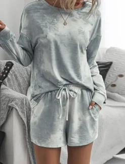 Online Women's Loungewear Pajama Set 2 Pieces Tie Dye Casual Comfort Home Crew Neck Pink Blue Home Outfits Women Pajama-Setter