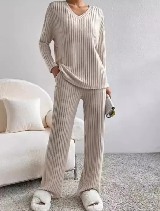 Sale Women's Loungewear Pajama Set Simple Home V Neck Long Sleeve Pullover Pant Spring Fall Black Blue Home Outfits Women Pajama-Setter