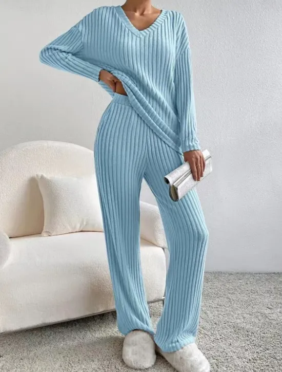 Sale Women's Loungewear Pajama Set Simple Home V Neck Long Sleeve Pullover Pant Spring Fall Black Blue Home Outfits Women Pajama-Setter