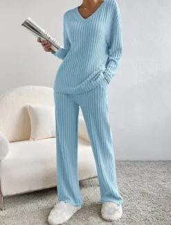 Sale Women's Loungewear Pajama Set Simple Home V Neck Long Sleeve Pullover Pant Spring Fall Black Blue Home Outfits Women Pajama-Setter