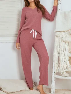 Hot Women's Loungewear Pajama Set Waffle Knit Casual Comfort Home Bed Comfort Breathable V Wire Short Sleeve Pullover Pant Spring Fall Black Red Home Outfits Women Two Piece Sets