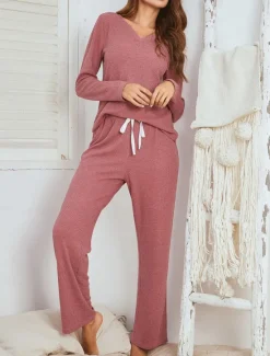 Hot Women's Loungewear Pajama Set Waffle Knit Casual Comfort Home Bed Comfort Breathable V Wire Short Sleeve Pullover Pant Spring Fall Black Red Home Outfits Women Two Piece Sets