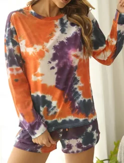 Hot Women's Loungewear Pajama Set 2 Pieces Tie Dye Casual Comfort Home Comfort Crew Neck Long Sleeve Pullover Shorts Spring Fall Home Outfits Women Pajama-Setter