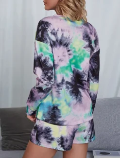 Hot Women's Loungewear Pajama Set 2 Pieces Tie Dye Casual Comfort Home Comfort Crew Neck Long Sleeve Pullover Shorts Spring Fall Home Outfits Women Pajama-Setter
