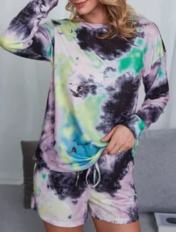 Hot Women's Loungewear Pajama Set 2 Pieces Tie Dye Casual Comfort Home Comfort Crew Neck Long Sleeve Pullover Shorts Spring Fall Home Outfits Women Pajama-Setter