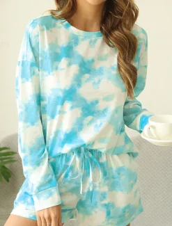 Best Women's Loungewear Pajama Set 2 Pieces Tie Dye Casual Comfort Home Comfort Crew Neck Long Sleeve Pullover Shorts Spring Fall Home Outfits Women Pajama-Setter