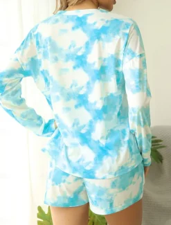 Best Women's Loungewear Pajama Set 2 Pieces Tie Dye Casual Comfort Home Comfort Crew Neck Long Sleeve Pullover Shorts Spring Fall Home Outfits Women Pajama-Setter