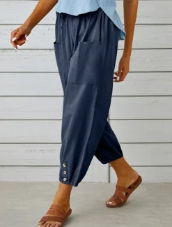 New Women's Loungewear Pants Lounge Pants Simple Casual Comfort Pure Color Pocket Elastic Waist Cotton Linen Pants Vacation Home Daily Black White Army Green Navy Blue Blue Summer Spring Fall Women Pants