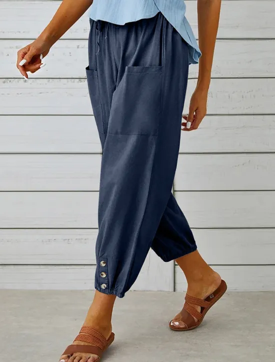 New Women's Loungewear Pants Lounge Pants Simple Casual Comfort Pure Color Pocket Elastic Waist Cotton Linen Pants Vacation Home Daily Black White Army Green Navy Blue Blue Summer Spring Fall Women Pants