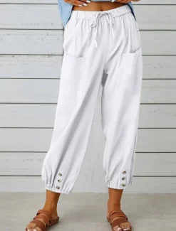 New Women's Loungewear Pants Lounge Pants Simple Casual Comfort Pure Color Pocket Elastic Waist Cotton Linen Pants Vacation Home Daily Black White Army Green Navy Blue Blue Summer Spring Fall Women Pants