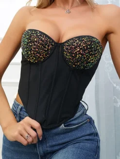 Outlet Women's Loungewear Pure Color Corsets Carnival Party Valentine's Day Breathable Bandeau Sleeveless Sequins Backless Chest pads Summer Spring Home Outfits Women Shapewear