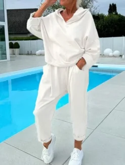 Women's Loungewear Set Hoodie Joggers Cream Solid Color Casual Comfortable Home Wear V-neck Long Sleeve Elastic Waist Full Size All-season Fashion Apparel Fall Winter Women Two Piece Sets