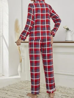 Women's Loungewear Set Plaid Pattern White Casual Home Comfort Long Sleeve Drawstring Pants Soft Breathable Fabric All-Season Cozy Relaxing Fit Sleepwear Pajamas Home Outfits Women Pajama-Setter