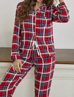 Women's Loungewear Set Plaid Pattern White Casual Home Comfort Long Sleeve Drawstring Pants Soft Breathable Fabric All-Season Cozy Relaxing Fit Sleepwear Pajamas Home Outfits Women Pajama-Setter