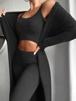 Women's Loungewear Sets 3 Pieces Pure Color Fashion Plush Casual Home Daily Vacation Knit Cotton Blend Warm Breathable Crew Neck Long Sleeve Pant Fall Winter Home Outfits Women Pajama-Setter