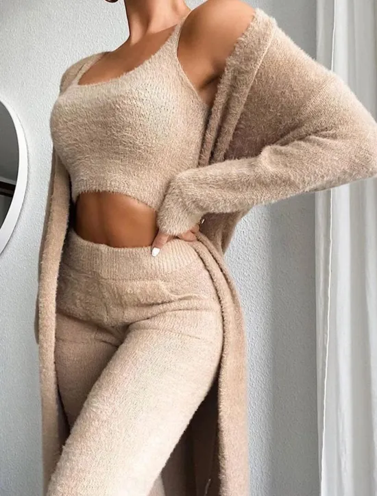 Women's Loungewear Sets 3 Pieces Pure Color Fashion Plush Casual Home Daily Vacation Knit Cotton Blend Warm Breathable Crew Neck Long Sleeve Pant Fall Winter Home Outfits Women Pajama-Setter