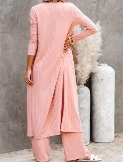 New Women's Loungewear Sets 3 Pieces Pure Color Fashion Comfort Street Daily Knit Breathable Crew Neck Long Sleeve Sweater Pant Elastic Waist Fall Winter Home Outfits Women Pajama-Setter