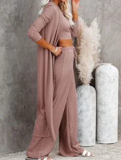 New Women's Loungewear Sets 3 Pieces Pure Color Fashion Comfort Street Daily Knit Breathable Crew Neck Long Sleeve Sweater Pant Elastic Waist Fall Winter Home Outfits Women Pajama-Setter