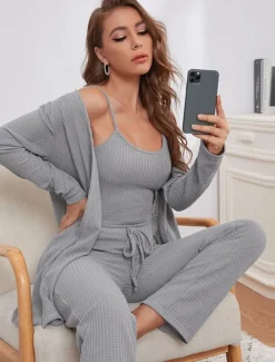 Discount Women's Loungewear Sets 3 Pieces Pure Color Casual Comfort Home Comfort Straps Strap Top Pant Pocket Fall Winter Home Outfits Women Pajama-Setter