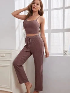 Discount Women's Loungewear Sets 3 Pieces Pure Color Casual Comfort Home Comfort Straps Strap Top Pant Pocket Fall Winter Home Outfits Women Pajama-Setter