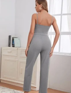 Discount Women's Loungewear Sets 3 Pieces Pure Color Casual Comfort Home Comfort Straps Strap Top Pant Pocket Fall Winter Home Outfits Women Pajama-Setter