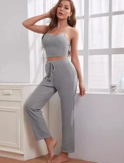 Discount Women's Loungewear Sets 3 Pieces Pure Color Casual Comfort Home Comfort Straps Strap Top Pant Pocket Fall Winter Home Outfits Women Pajama-Setter