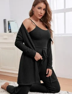 Discount Women's Loungewear Sets 3 Pieces Pure Color Casual Comfort Home Comfort Straps Strap Top Pant Pocket Fall Winter Home Outfits Women Pajama-Setter
