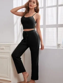 Discount Women's Loungewear Sets 3 Pieces Pure Color Casual Comfort Home Comfort Straps Strap Top Pant Pocket Fall Winter Home Outfits Women Pajama-Setter