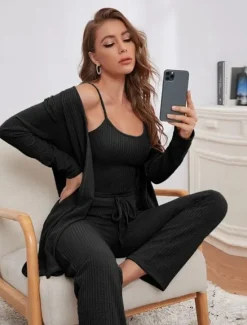 Discount Women's Loungewear Sets 3 Pieces Pure Color Casual Comfort Home Comfort Straps Strap Top Pant Pocket Fall Winter Home Outfits Women Pajama-Setter