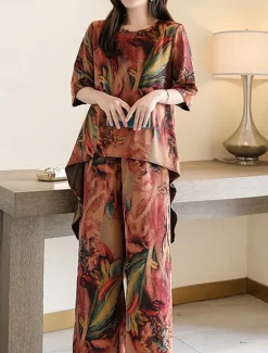 Hot Women's Loungewear Sets Flower Fashion Casual Comfort Street Daily Date Breathable Crew Neck Short Sleeve T shirt Tee Pant Pocket Summer Spring Home Outfits Women Pajama-Setter