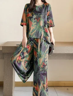Hot Women's Loungewear Sets Flower Fashion Casual Comfort Street Daily Date Breathable Crew Neck Short Sleeve T shirt Tee Pant Pocket Summer Spring Home Outfits Women Pajama-Setter