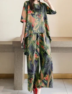 Hot Women's Loungewear Sets Flower Fashion Casual Comfort Street Daily Date Breathable Crew Neck Short Sleeve T shirt Tee Pant Pocket Summer Spring Home Outfits Women Pajama-Setter