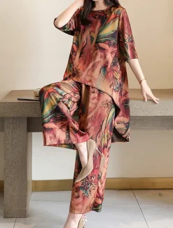 Hot Women's Loungewear Sets Flower Fashion Casual Comfort Street Daily Date Breathable Crew Neck Short Sleeve T shirt Tee Pant Pocket Summer Spring Home Outfits Women Pajama-Setter