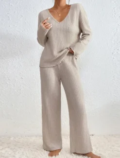 Women's Loungewear Sets Pure Color Casual Comfort Soft Home Daily Vacation Knit Breathable V Wire Long Sleeve Sweater Pant Fall Winter Home Outfits Women Pajama-Setter