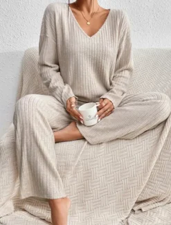 Women's Loungewear Sets Pure Color Casual Comfort Soft Home Daily Vacation Knit Breathable V Wire Long Sleeve Sweater Pant Fall Winter Home Outfits Women Pajama-Setter
