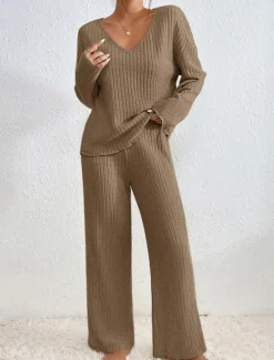 Women's Loungewear Sets Pure Color Casual Comfort Soft Home Daily Vacation Knit Breathable V Wire Long Sleeve Sweater Pant Fall Winter Home Outfits Women Pajama-Setter
