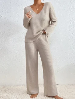 Women's Loungewear Sets Pure Color Casual Comfort Soft Home Daily Vacation Knit Breathable V Wire Long Sleeve Sweater Pant Fall Winter Home Outfits Women Pajama-Setter