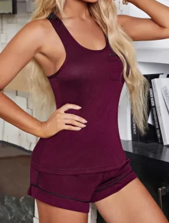 New Women's Loungewear Sets Pure Color Active Sport Casual Daily Going out Gyms Breathable Sleeveless Tank Top Pant Backless Pocket Fall Winter Home Outfits Women Pajama-Setter