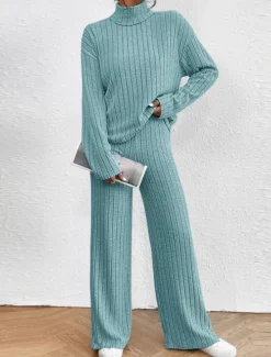 Women's Loungewear Sets Pure Color Casual Comfort Soft Home Street Daily Breathable High Neck Long Sleeve Sweater Pant Fall Winter Home Outfits Women Pajama-Setter
