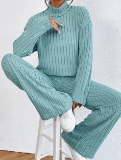 Women's Loungewear Sets Pure Color Casual Comfort Soft Home Street Daily Breathable High Neck Long Sleeve Sweater Pant Fall Winter Home Outfits Women Pajama-Setter