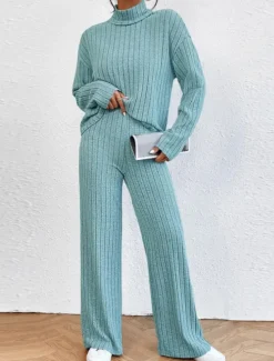 Women's Loungewear Sets Pure Color Casual Comfort Soft Home Street Daily Breathable High Neck Long Sleeve Sweater Pant Fall Winter Home Outfits Women Pajama-Setter