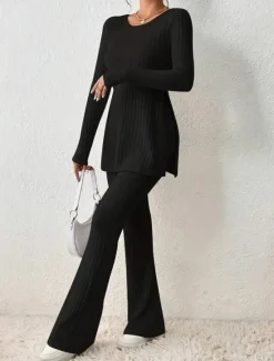 Sale Women's Loungewear Sets Pure Color Fashion Comfort Soft Home Daily Bed Breathable Crew Neck Long Sleeve Sweater Pant Fall Winter Home Outfits Women Pajama-Setter