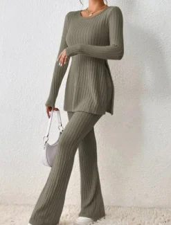 Sale Women's Loungewear Sets Pure Color Fashion Comfort Soft Home Daily Bed Breathable Crew Neck Long Sleeve Sweater Pant Fall Winter Home Outfits Women Pajama-Setter