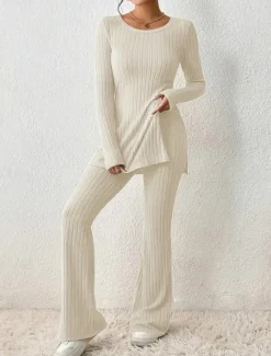 Sale Women's Loungewear Sets Pure Color Fashion Comfort Soft Home Daily Bed Breathable Crew Neck Long Sleeve Sweater Pant Fall Winter Home Outfits Women Pajama-Setter