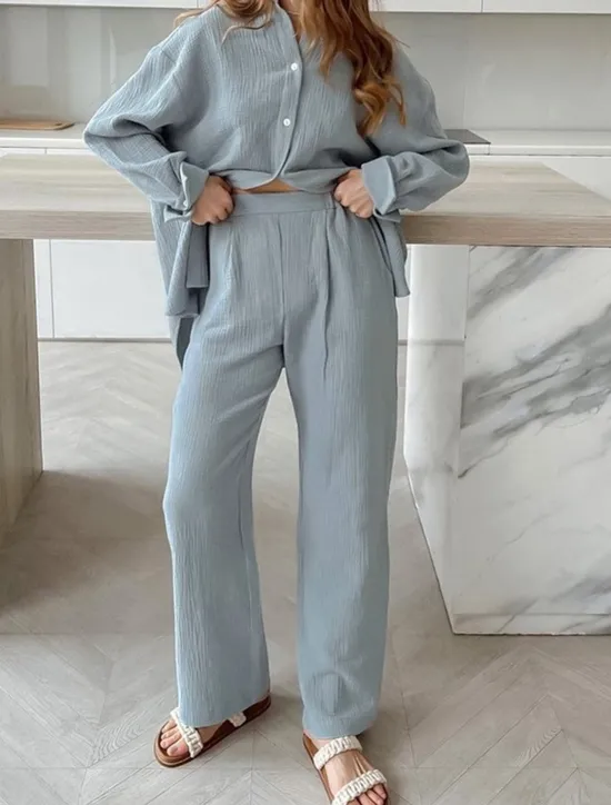 Sale Women's Loungewear Sets Pure Color Simple Basic Street Daily Cotton And Linen Breathable Lapel Long Sleeve Shirt Pant Button Summer Spring Home Outfits Women Pajama-Setter
