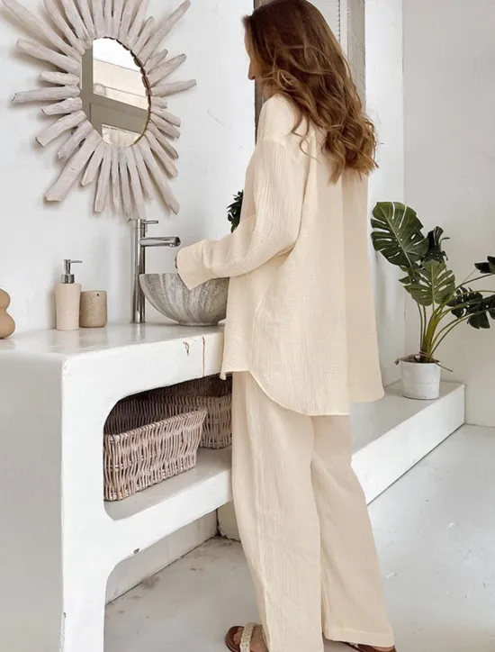 Sale Women's Loungewear Sets Pure Color Simple Basic Street Daily Cotton And Linen Breathable Lapel Long Sleeve Shirt Pant Button Summer Spring Home Outfits Women Pajama-Setter