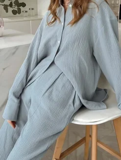 Sale Women's Loungewear Sets Pure Color Simple Basic Street Daily Cotton And Linen Breathable Lapel Long Sleeve Shirt Pant Button Summer Spring Home Outfits Women Pajama-Setter